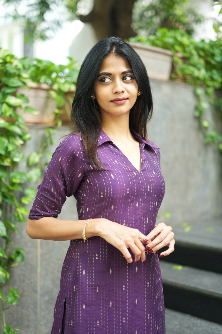 Tamara -handloom cotton violet top, featuring a classic shirt collar and elbow sleeve