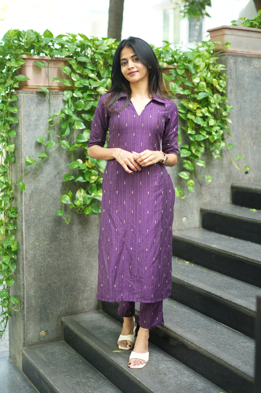 Tamara -handloom cotton violet top, featuring a classic shirt collar and elbow sleeve